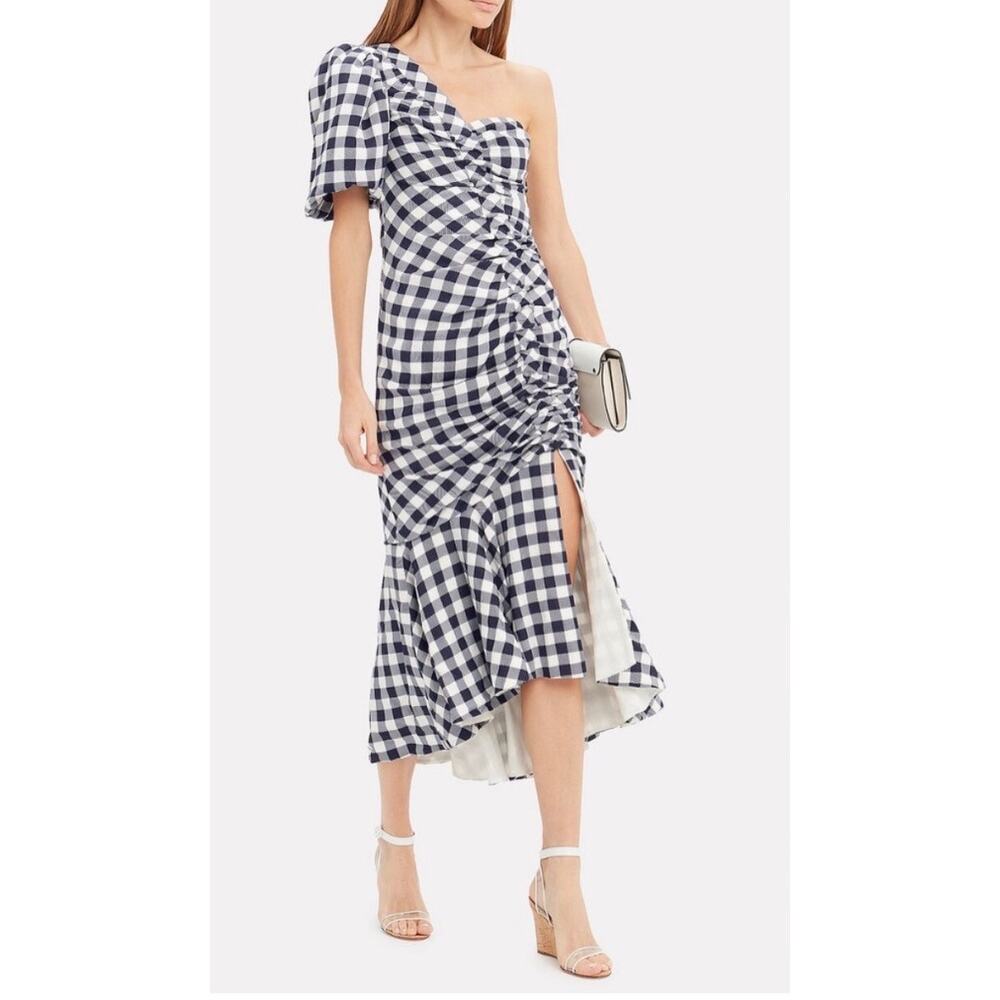 JONATHAN SIMKHAI Lux Twill One Sleeve Dress Midnight Blue Gingham Size 8 Preppy - Picture 14 of 14